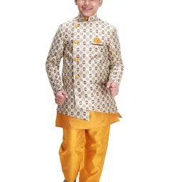 FOURFOLDS Boys Ethnic Motifs Woven Design Slim-Fit Asymmetric Sherwani Set-image-43
