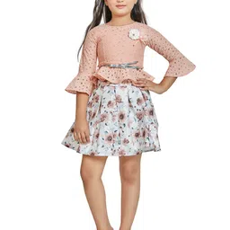 Peppermint Girls Peach-Coloured & White Printed Top with Skirt-image-95