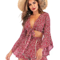StyleCast Red Floral Printed V-Neck Top With Shorts-image-24