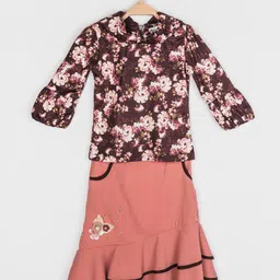 Peppermint Girls Brown & Peach-Coloured Printed Top with Skirt-image-45