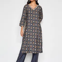 Global Desi Ethnic Motifs Printed V-Neck Straight Kurta With Trouser-picture-51