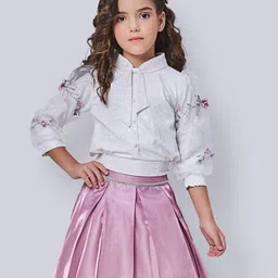 Peppermint Girls Self Design Tie Up Neck Embroidered Top with Skirt-image-28