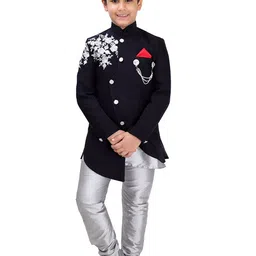FOURFOLDS Boys Silver-Toned & Black Embellished Kurta with Churidar-image-11