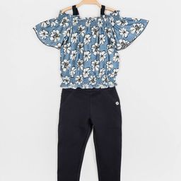 Peppermint Girls Navy Blue & Teal Blue Printed Top with Trousers-image-7