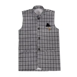 FOURFOLDS Boys Checked Mandarin Collar Sleeveless Nehru Jacket-15