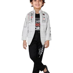 DKGF FASHION Boys Grey & Black Printed Shirt with Trousers-image-70