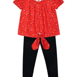 Budding Bees Girls Red & Black Printed Top with Legging-image-1