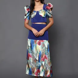 KHUMAAR Shuchi Bhutani Women Blue & Multicoloured Printed Top with Skirt-4