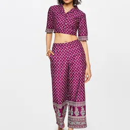 Global Desi Women Printed Shirt Collar Crop Top With Palazzos-image-12