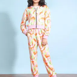 Ninos Dreams Girls Abstract Printed Relaxed Fit Pure Cotton Bomber Jacket & Joggers-image-11