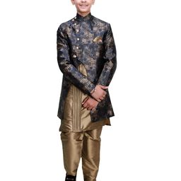 FOURFOLDS Boys Navy Blue & Gold-Toned Printed 3-Piece Jodhpuri Bandhgala Sherwani Set-image-41