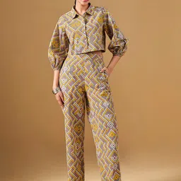 Global Desi Geometric Printed Pure Cotton Shirt With Trousers-28