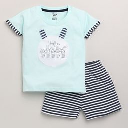 Toonyport Kids Turquoise Blue & White Printed Pure Cotton T-shirt with Shorts-image-16
