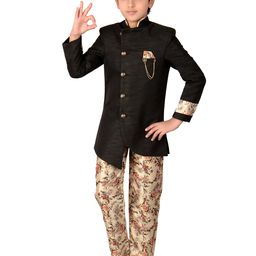 FOURFOLDS Boys Black & Beige Indo Western Kurta & Pant Set-picture-9