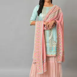 Aurelia Women Blue Floral Print Viscose Kurta Set with Sharara & Dupatta-picture-42