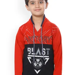 FOURFOLDS Boys Red & Black Colourblocked V-Neck T-shirt-image-52