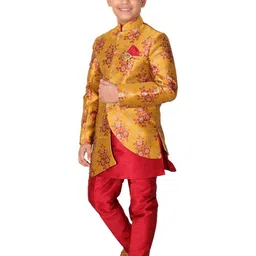 FOURFOLDS Boys Mustard & Red Printed Layered Sherwani With Trousers image 2