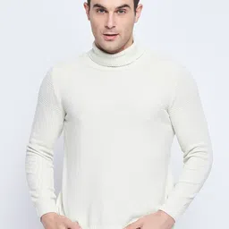 CAMLA Open Knit Self Design Turtle Neck Long Sleeves Acrylic Pullover Sweater-image-15