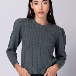 FabAlley Grey Cable Knit Embellished Long Sleeves Acrylic Pullover-image-16
