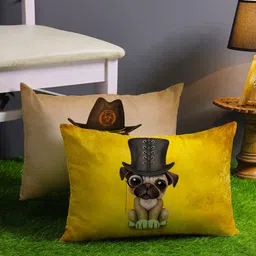 STITCHNEST Set Of 2 Yellow & Brown Graphic Printed Rectangle Cushion Covers-21