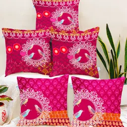 STITCHNEST Set Of 5 Pink & White Ethnic Motifs Printed Square Cushion Covers-4