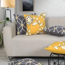 Ode & Cleo Grey & Yellow 5 Pieces Ethnic Motifs Cotton Square Cushion Covers-40