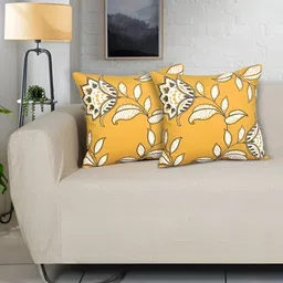 Ode & Cleo Yellow & White 2 Pieces Floral Printed Pure Cotton Square Cushion Covers-38