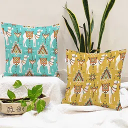 STITCHNEST Set Of 2 Yellow & Blue Ethnic Motifs Cotton Square Cushion Covers-35