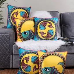 STITCHNEST Yellow & Blue 5 Pieces Ethnic Motifs Printed Velvet Square Cushion Covers-image-8