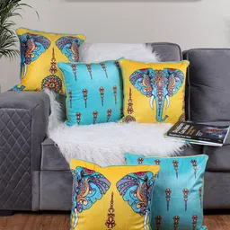 STITCHNEST Yellow & Blue 5 Pieces Ethnic Motifs Printed Velvet Square Cushion Covers-image-35