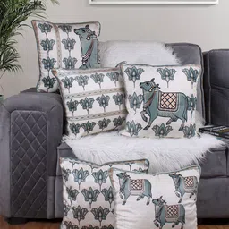 STITCHNEST White & Green 5 Pieces Ethnic Motifs Printed Velvet Square Cushion Covers-image-14
