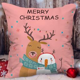 Indigifts Set Of 2 Pink Christmas Printed Cushions Cover with Filler & Reversible Santa Soft Toy-8