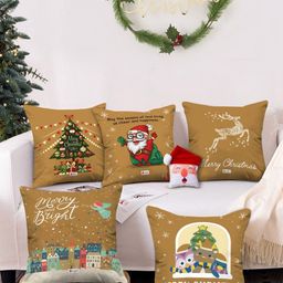 Indigifts Set Of 6 Brown Christmas Theme  Printed Pre-Filled Cushions & Reversible Santa Soft Toy-40