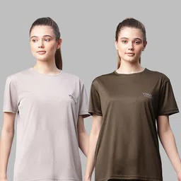 VIMAL JONNEY Women Pack of 2 Grey Melange & Olive Green T-shirts-image-94