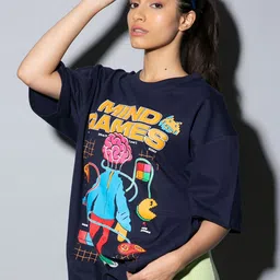 Bonkers Corner Navy Blue Typography Printed Drop-Shoulder Sleeves Cotton Oversized T-shirt-image-42