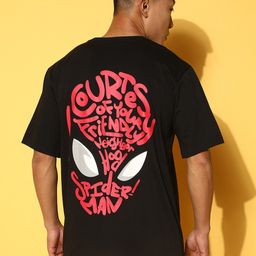 VEIRDO Black Spiderman Typography Printed Cotton Oversized T-shirt-image-17
