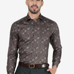 METAL Slim Fit Geometric Printed Spread Collar Long Sleeve Pocket Cotton Shirt-image-12