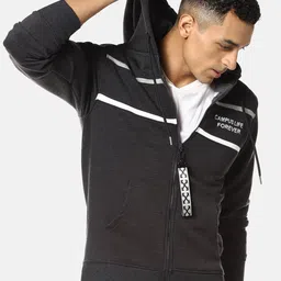 Campus Sutra Men Charcoal Grey Hooded Cotton Front-Open Sweatshirt-picture-1