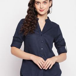 Ruhaans Women Navy Blue Classic Solid Cotton Casual Shirt-image-82