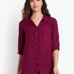 Indietoga Women Burgundy Classic Longline Casual Shirt-17