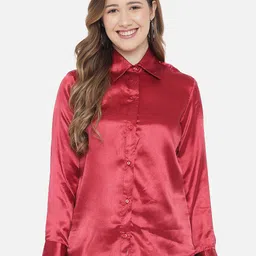 Orchid Blues Women Maroon Satin Classic Casual Shirt-picture-31