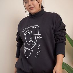 CURVY STREET Plus Size Graphic Printed Turtle Neck Pure Cotton Pullover-35