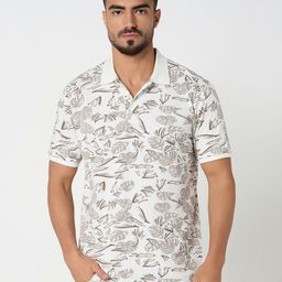 R&B Men Floral Printed Polo Collar Cotton T-shirt-image-23