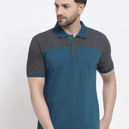 Kalt Men Teal Green & Grey Colourblocked Polo Collar T-shirt-image-74