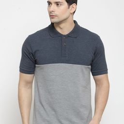 Kalt Men Grey & Blue Colourblocked Polo Collar T-shirt-image-95