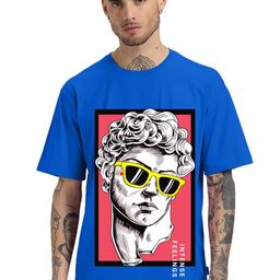 VEIRDO Blue Printed Round Neck Drop-Shoulder Sleeves Pure Cotton Oversized T-shirt-image-17