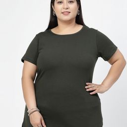 plusS Olive Round Neck Regular Fit Cotton Casual  T-shirt-image-19