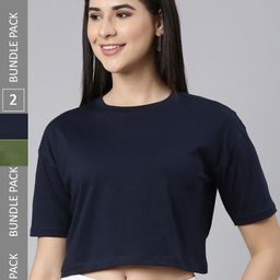 Kryptic Pack Of 2 Round Neck Relaxed Fit Crop Cotton Casual T-Shirts-image-65