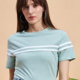 MINT STREET Women Green V-Neck Pockets T-shirt-image-60