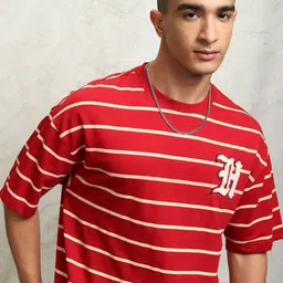 HIGHLANDER Men Multi or Variegated Striped Round Neck Cotton Oversized T-Shirt-image-24